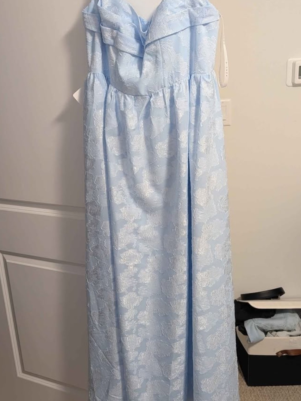 Azazie Light Blue Strapless Floral Lace Evening Gown